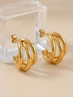 18K Gold Plated Stainless Steel Triple C-Hoop Earrings Modern Layered Studs 0.8"